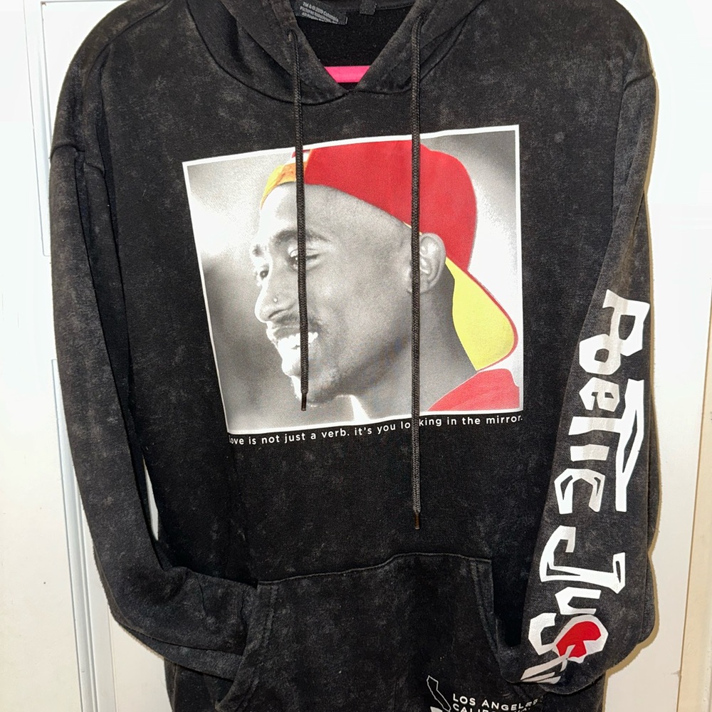 Tupac Black Graphic Hoodie with Red and Yellow Accents
